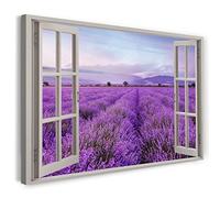 Printistico Impression sur toile (120x80 cm) vue depuis la fenêtre - champ de fleurs violettes ciel montagnes - photographie nature, cadre en bois véritable avec crochet,