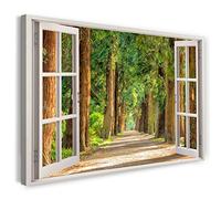 Printistico Impression sur Toile (120x80 cm) Vue Depuis la fenêtre - Chemin dans la forêt Arbres Soleil Plantes - Photographie Nature, Cadre en Bois véritable avec Crochet,