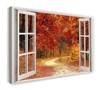 Printistico Impression sur toile (120x80 cm) vue depuis la fenêtre - chemin dans la forêt nature feuilles d'automne - photographie nature, cadre en bois véritable avec crochet,