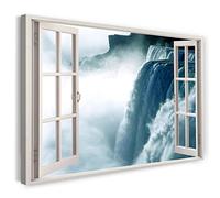 Printistico Impression sur toile (120x80 cm) vue depuis la fenêtre - grande cascade rivière nature - photographie nature, cadre en bois véritable avec crochet,