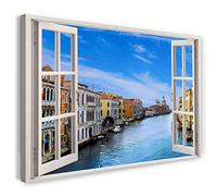 Printistico Impression sur toile (120x80 cm) vue depuis la fenêtre - Italie Venise canal soleil mer - photographie nature, cadre en bois véritable avec crochet,