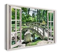 Printistico Impression sur toile (120x80 cm) vue depuis la fenêtre - Jardin de pont japonais ruisseau de plantes naturelles - photographie de la nature, cadre en bois véritable avec crochet,