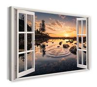 Printistico Impression sur toile (120x80 cm) vue depuis la fenêtre - lac coucher de soleil eau nature forêt - photographie nature, cadre en bois véritable avec crochet,