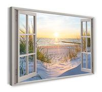Printistico Impression sur toile (120x80 cm) vue depuis la fenêtre - plage, mer, sable, coucher de soleil, vacances, photographie nature, cadre en bois véritable avec crochet,