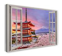 Printistico Impression sur toile (120x80 cm) Vue depuis la fenêtre - Temple Fuji Japon Coucher de soleil Asie - Photographie nature, cadre en bois véritable avec crochet,