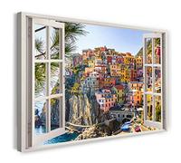 Printistico Impression sur toile (120x80 cm) vue depuis la fenêtre - village pittoresque, centre historique, mer du sud - photographie nature, cadre en bois véritable avec crochet,
