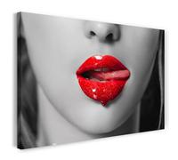 Printistico Impression sur toile (60x40 cm) Femme sensuelle aux lèvres rouges - Photographie noir et blanc, cadre en bois véritable avec crochet,