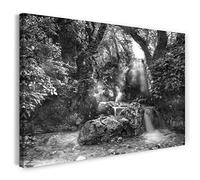 Printistico Impression sur toile (60x40 cm) forêt, rivière, plantes naturelles, eau, noir et blanc, photo nature, cadre en bois véritable avec crochet,