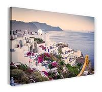 Printistico Impression sur toile (60x40 cm) Grèce, bâtiments blancs, falaises maritimes, couleurs chaudes, photo d'architecture, cadre en bois véritable avec crochet,