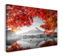 Printistico Impression sur toile (60x40 cm) montagne au bord du lac, arbre aux feuilles d'érable rouge - photographie nature, paysage, cadre en bois véritable avec crochet,