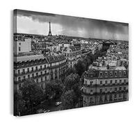 Printistico Impression sur toile (60x40 cm) Paris, Tour Eiffel France ville, noir et blanc, photo d'architecture, cadre en bois véritable avec crochet,