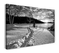 Printistico Impression sur toile (60x40 cm) paysage d'hiver, neige, nature, forêt, aube, noir et blanc, photo nature, cadre en bois véritable avec crochet,