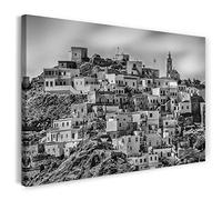 Printistico Impression sur toile (60x40 cm) Village coloré, vieille Italie du sud, noir et blanc, photo d'architecture, cadre en bois véritable avec crochet,