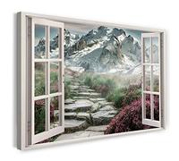 Printistico Impression sur toile (60x40 cm) vue depuis la fenêtre - chemin de montagne randonnée fleurs neige nature - photographie nature, cadre en bois véritable avec crochet,