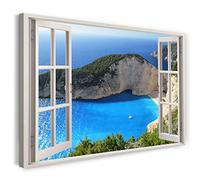 Printistico Impression sur toile (60x40 cm) vue depuis la fenêtre - falaises de la baie vacances à la plage - photographie de nature, cadre en bois véritable avec crochet,