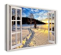 Printistico Impression sur toile (60x40 cm) vue depuis la fenêtre - paysage d'hiver neige nature forêt aube - photographie de la nature, cadre en bois véritable avec crochet,
