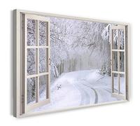 Printistico Impression sur toile (60x40 cm) vue depuis la fenêtre - route dans la forêt hiver nature neige - photographie nature, cadre en bois véritable avec crochet,