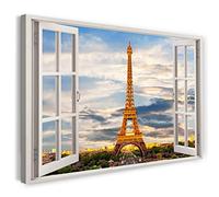 Printistico Impression sur toile (60x40 cm) vue depuis la fenêtre - Tour Eiffel Paris France coucher de soleil - photographie nature, cadre en bois véritable avec crochet,