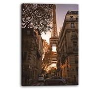 Printistico Impression sur toile (60x80 cm) Paris, Tour Eiffel, ville au coucher du soleil, couleurs chaudes, photo d'architecture, cadre en bois véritable avec crochet,
