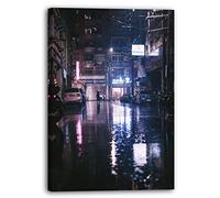 Printistico Impression sur toile (70x100 cm) Tokyo la nuit, pluie rose de science-fiction, couleurs froides, photo d'architecture, cadre en bois véritable avec crochet,