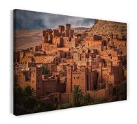 Printistico Impression sur toile (80x60 cm) Ait Ben Haddou, ville du désert au Maroc, couleurs chaudes, photo d'architecture, cadre en bois véritable avec crochet,