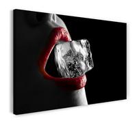 Printistico Impression sur toile (80x60 cm) Photographie sensuelle noir et blanc - lèvres rouges avec glaçons, cadre en bois véritable avec crochet,