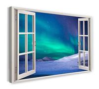 Printistico Impression sur toile (80x60 cm) Vue depuis la fenêtre - Aurores boréales Montagne Nuit Neige Hiver - Photographie nature, cadre en bois véritable avec crochet,