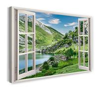 Printistico Impression sur toile (80x60 cm) vue depuis la fenêtre - paysage de montagne, lac, nature verdoyante - photographie nature, cadre en bois véritable avec crochet,