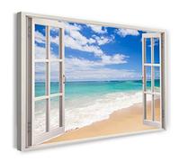 Printistico Impression sur toile (80x60 cm) vue depuis la fenêtre - vacances à la plage sable mer soleil - photographie nature, cadre en bois véritable avec crochet,