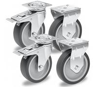 PRIOstahl Lot de 4 roulettes de transport, 100 mm, grises, 2 roulettes pivotantes avec frein + 2 roulettes fixes, silencieuses et sans trace, robustes pour meubles, atelier, industrie, garage, armoire