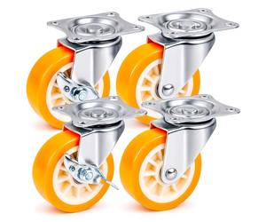 PRIOstahl Lot de 4 roulettes pivotantes pour meubles avec frein et frein Orange 75 mm
