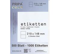 pripa Lot de 1000 étiquettes autocollantes autocollantes - 210 x 148 mm - 500 feuilles - Format A4 - Blanc
