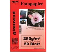 Pripa Pochette de 50 feuilles de papier photo ultra-brillant imperméable à séchage instantané DIN A4 pour imprimantes jet d'encre 260 g/m²