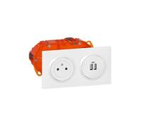 Legrand Kit prise 2P+T Dooxie avec chargeur USB, encastré blanc, charge rapide pour 2 appareils