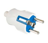 Prise avec poignée blanche, design ergonomique, haute résistance, idéale pour les connexions électriques intérieures et extérieures.