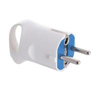 Prise blanche avec poignée, design ergonomique, idéale pour connecter des appareils électriques en toute sécurité et confortablement.