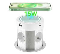 prise chargeur escamotable USB C PD 75 W, 4 prises intégrées, chargeur sans fil 15 W, table escamotable, cuisine, câble 1,8 m, blanche
