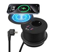 Prise de Bureau Encastrable avec USB-C 20W, 2 USB-A,Chargeur Induction 15W | Prise Encastrable Plan de Travail Cuisine, 4000W, Perçage 90mm, Câble 1,8m, Noir