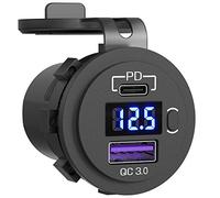 Prise de Chargeur de Voiture USB C 48W, Prise de Voiture Qidoe 12V/24V PD&QC 3.0 avec Voltmètre à LED et Interrupteur Chargeur de Voiture Rapide pour Voiture, Bateau, Camion, Golf, Moto