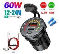 Prise de chargeur double USB 45W, avec voltmètre LED, interrupteur marche/arrêt QC3.0 PC Type C, prise USB étanche, chargeur rapide pour voiture 12V/24V