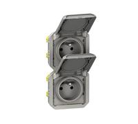 Double prise de courant précâblée 2x2P+T verticale étanche Plexo 16A 250V IP55 2 postes avec enjoliveurs finition gris - 069563L - Legrand