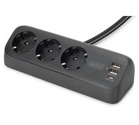 Prise de courant de bureau 3 voies, noire 3x prise, 2x USB-A, 1x USB-C, 3680W, 12W, 30W, 1,5 m