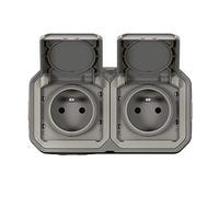 Prise de courant Double précâblée 2x2P+T 16A 250V~ LEGRAND étanche Plexo Gris IP55 IK08 livré complet pour fixation saillie