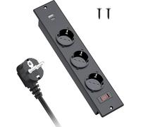 Prise de Table Encastrable Avec USB C PD15W - 3 Prises Avec USB A+C - Multiprise Avec Interrupteur de Surcharge - Pour Plan de Travail, Meubles, Cuisine - Câble de 2 m - Noir