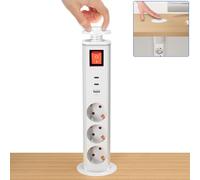 Prise de Table Encastrable Rétractable 3 Ports avec Interrupteur, Prise de Plan de Travail Cuisine avec USB-C PD 20W et USB-A, 4000W/16A, Câble 1,8M, Blanc