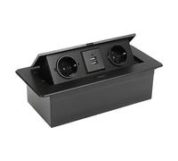 Prise de table Pop Up - 2 prises avec 2 USB - Rétractable - 250 V - 16 A - En aluminium - Noir - Multiprise encastrée pour plan de travail, bureau, cuisine, table de conférence