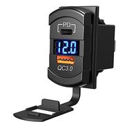 Prise de Voiture USB Chargeur de Charge Rapide QC3.0 + PD + voltmètre pour véhicules 12V/24V Voiture Bateau Moto SUV Bus Camion Caravane Marine (Bleu)