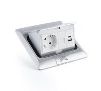 Prise encastrable au sol ELBE Inno, 1 prise encastrable, 1 USB-A, 1 USB-C, 1 CAT6 RJ45, finition aluminium argenté, couvercle avec fonction pop-up douce, IP42 étanche à l'eau et à la poussière