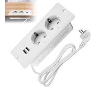 Prise encastrable avec 2 Ports USB, Bloc multiprise encastrable 2 Prises avec câble 1,6 m, Prise intégrée pour Bureau, Meuble ou Plan de Travail