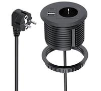 Prise encastrable avec USB, prise de table avec USB C PD20W, multiprise encastrable, avec 2 ports USB et câble d'alimentation de 1,7 m, prise de bureau pour trou de table de 80 mm, noir